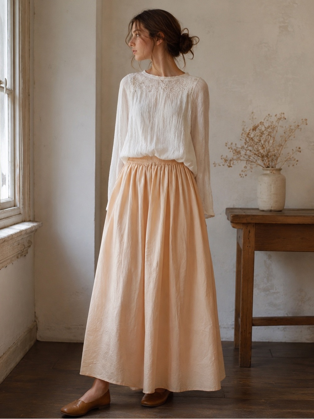 Peachy Tan Prairie Maxi Skirt Cottagecore Balletcore Japanese Style